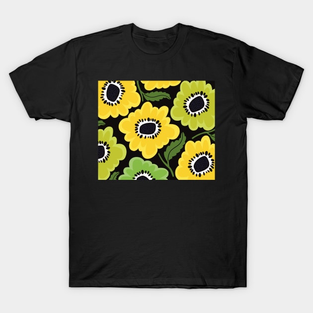 The fresh Sunny flowerpower pattern in 1970-style, green, black, yellow on dark background T-Shirt by marina63